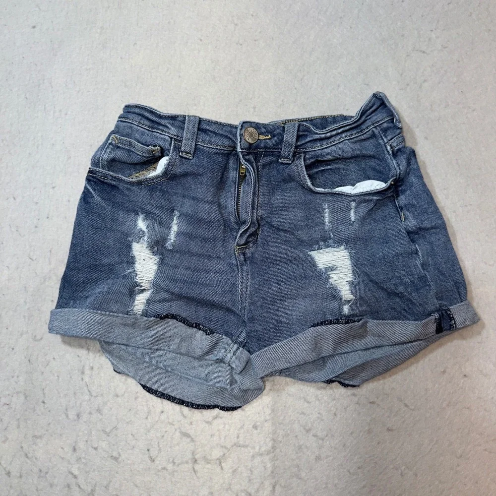 Justice Girl Distressed Denim Jean Shorts Medium Wash Size 16 Rolled Cuff 609885
